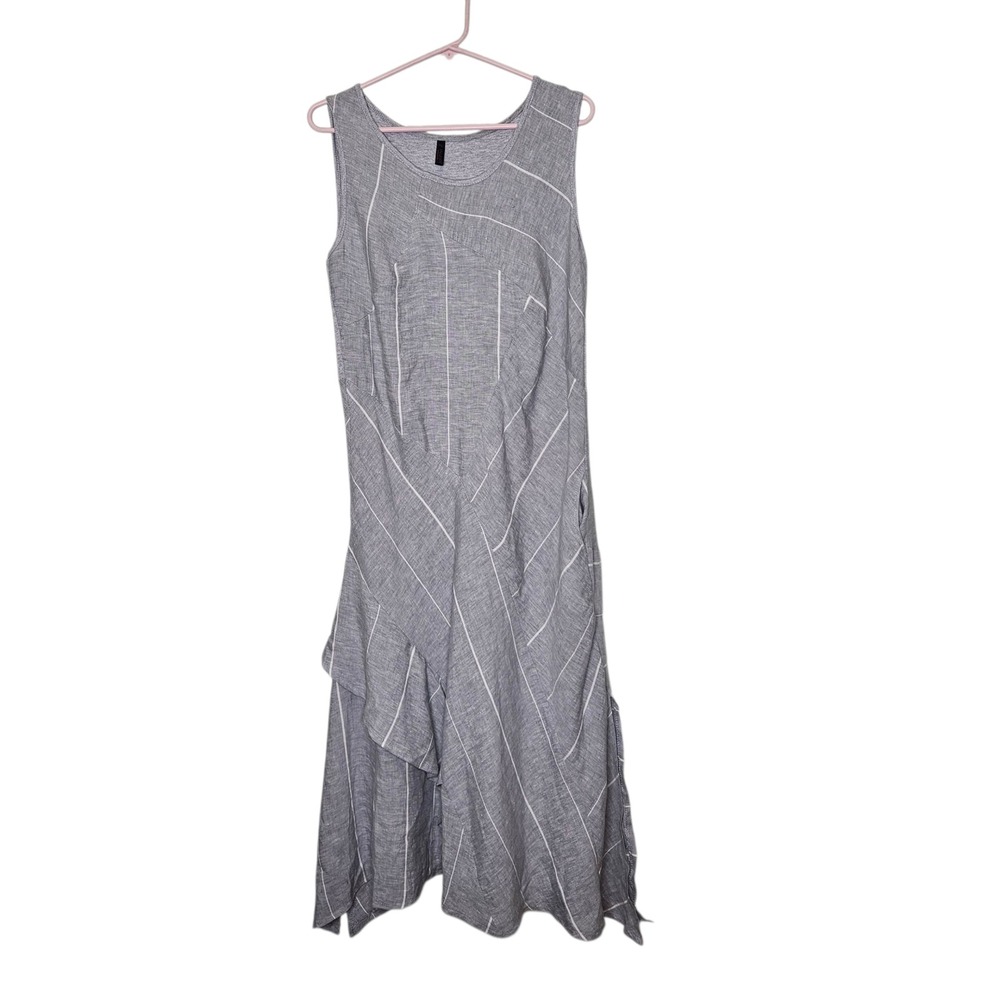 Inizio‎ Italy Gray Striped Sleeveless Midi Dress Pocket Lagenlook Sustainable XL